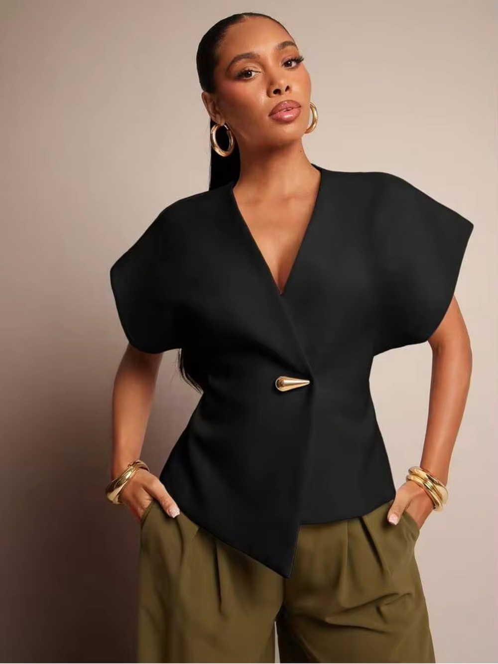 Structured Black V-Neck Short Sleeve Blouse with Gold Accent